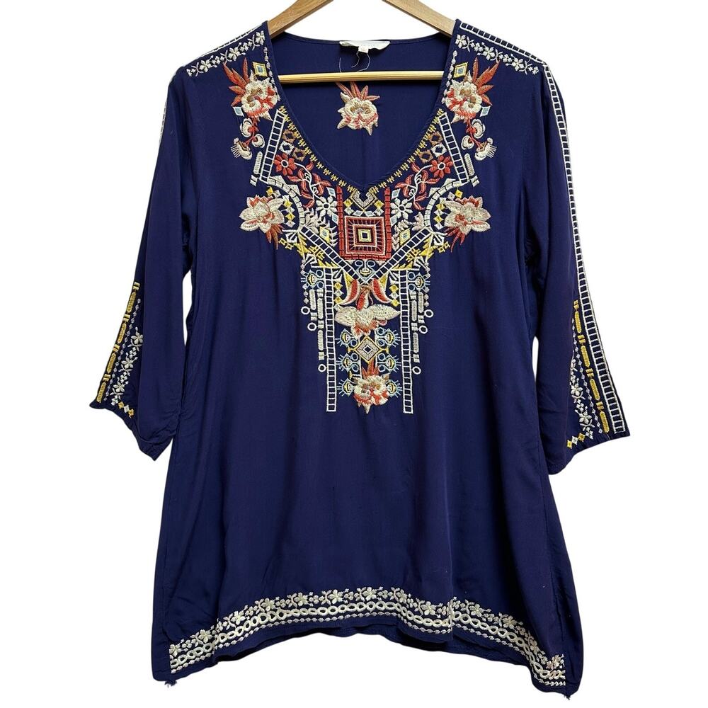 Solitare Womens Blouse Top Large Blue Embroidered Floral V Neck Tunic Popover